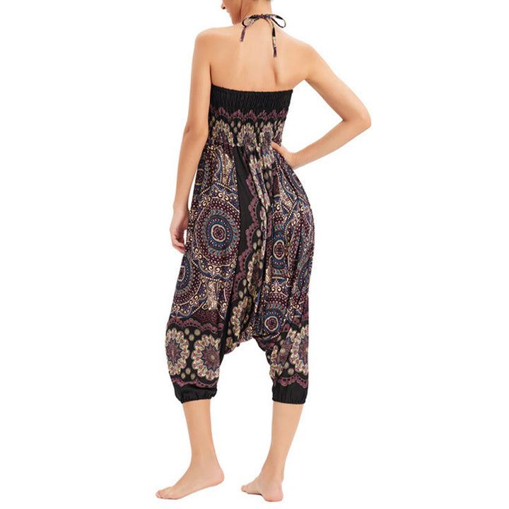 Buddha Stones Two Style Wear Mandala Flower Pattern Loose Smocked Harem Trousers Jumpsuit High Waist Pants