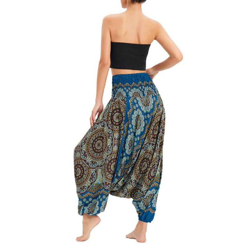 Buddha Stones Two Style Wear Mandala Flower Pattern Loose Smocked Harem Trousers Jumpsuit High Waist Pants