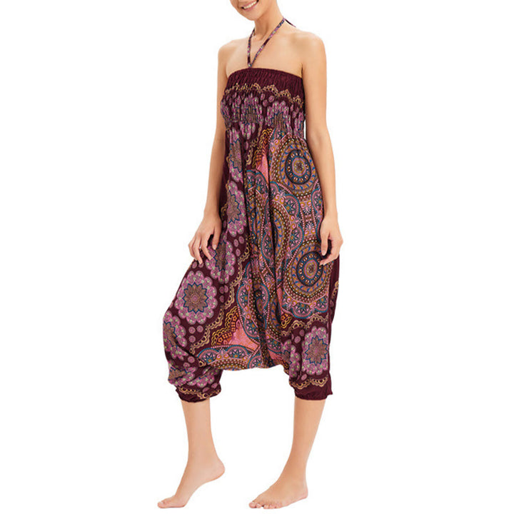Buddha Stones Two Style Wear Mandala Flower Pattern Loose Smocked Harem Trousers Jumpsuit High Waist Pants - image 17