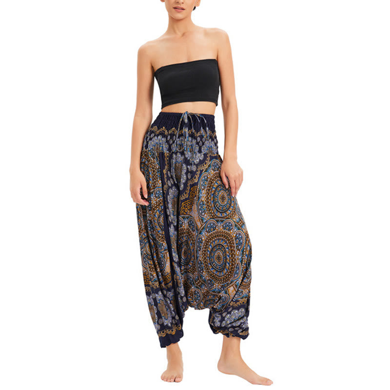 Buddha Stones Two Style Wear Mandala Flower Pattern Loose Smocked Harem Trousers Jumpsuit High Waist Pants - image 20