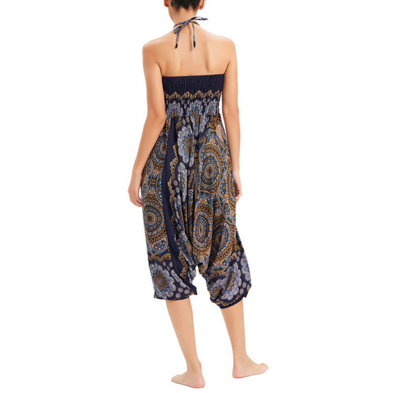 Buddha Stones Two Style Wear Mandala Flower Pattern Loose Smocked Harem Trousers Jumpsuit High Waist Pants