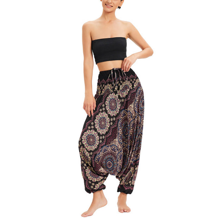 Buddha Stones Two Style Wear Mandala Flower Pattern Loose Smocked Harem Trousers Jumpsuit High Waist Pants