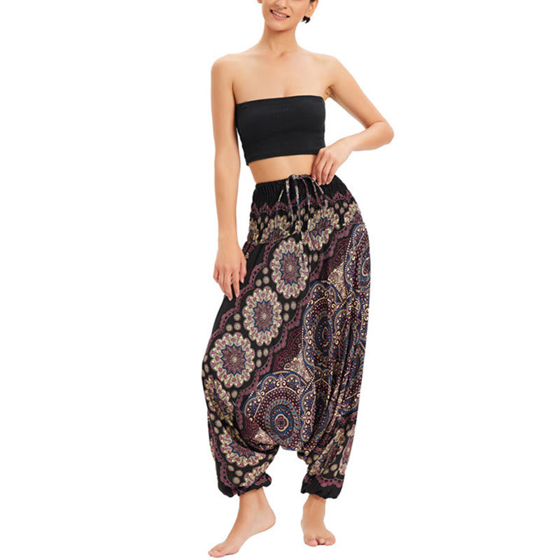 Buddha Stones Two Style Wear Mandala Flower Pattern Loose Smocked Harem Trousers Jumpsuit High Waist Pants - image 7