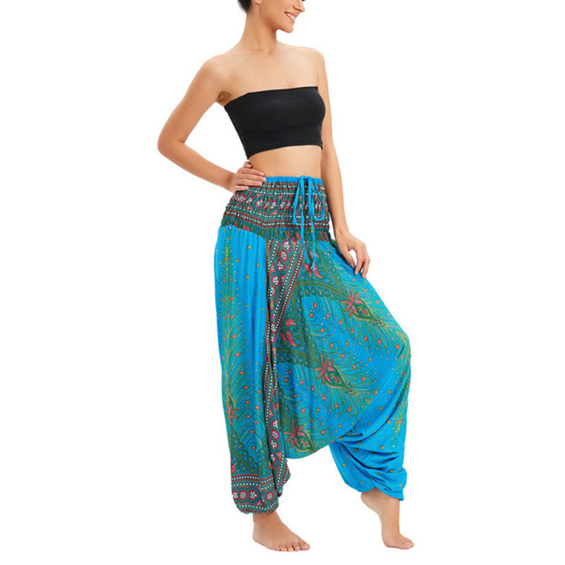 Buddha Stones Two Style Wear Peacock Feather Loose Smocked Harem Trousers Jumpsuit High Waist Pants - Light Blue-US2-12，UK/AU6-16，EU34-44 (F) - image 7