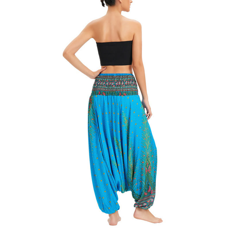 Buddha Stones Two Style Wear Peacock Feather Loose Smocked Harem Trousers Jumpsuit High Waist Pants