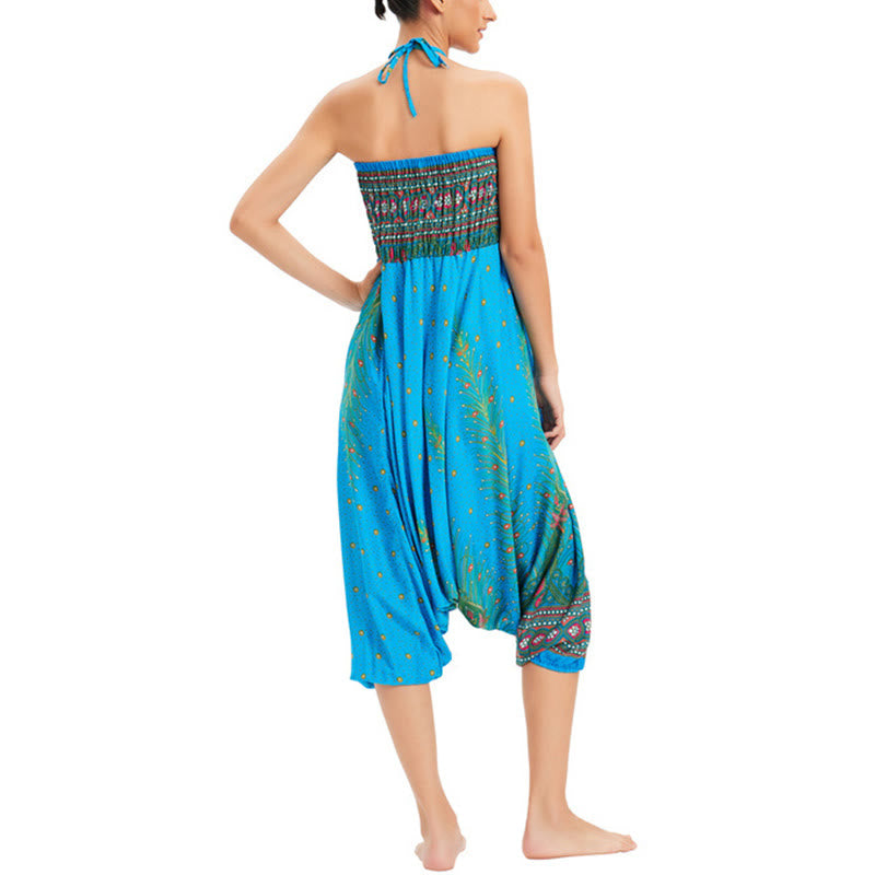 Buddha Stones Two Style Wear Peacock Feather Loose Smocked Harem Trousers Jumpsuit High Waist Pants