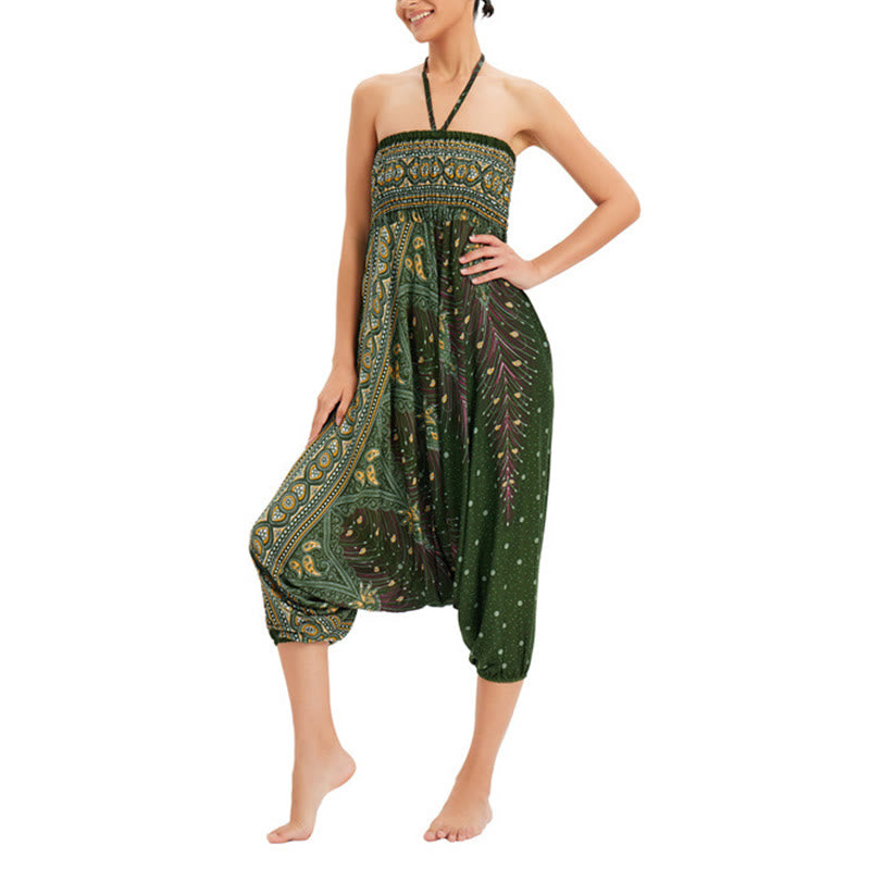 Buddha Stones Two Style Wear Peacock Feather Loose Smocked Harem Trousers Jumpsuit High Waist Pants - image 16
