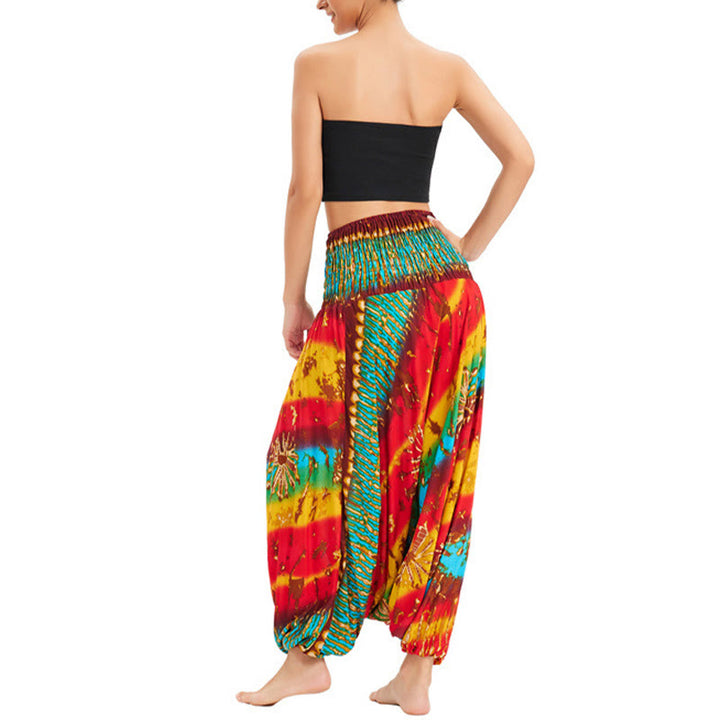 Buddha Stones Two Style Wear Gradient Colorful Loose Smocked Harem Trousers Jumpsuit High Waist Pants - image 4
