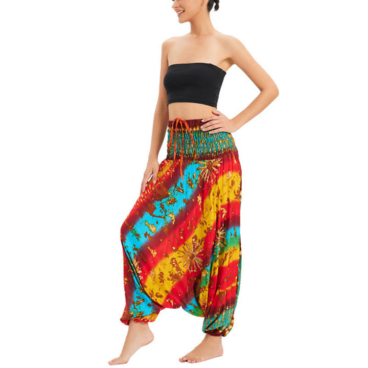 Buddha Stones Two Style Wear Gradient Colorful Loose Smocked Harem Trousers Jumpsuit High Waist Pants