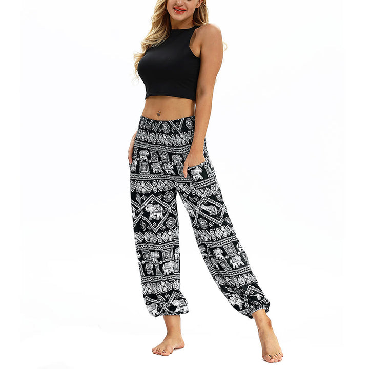 Buddha Stones Boho Loose Geometric Elephant Pattern Harem Trousers Women's Yoga Pants