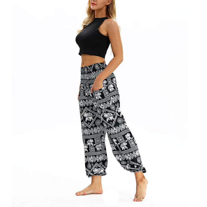 Buddha Stones Boho Loose Geometric Elephant Pattern Harem Trousers Women's Yoga Pants