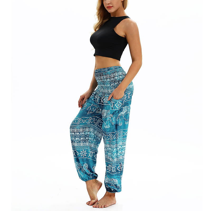 Buddha Stones Boho Loose Geometric Elephant Pattern Harem Trousers Women's Yoga Pants