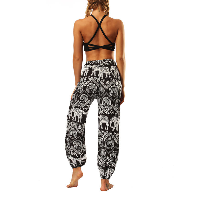 Buddha Stones Boho Loose Geometric Elephant Pattern Harem Trousers Women's Yoga Pants