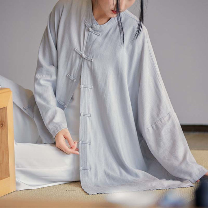 Buddha Stones Plain Frog-Button Design Shirt Zen Tai Chi Meditation Top Clothing Cotton Linen Jacket - Gray(Bust 150cm)(Top Only) - image 0