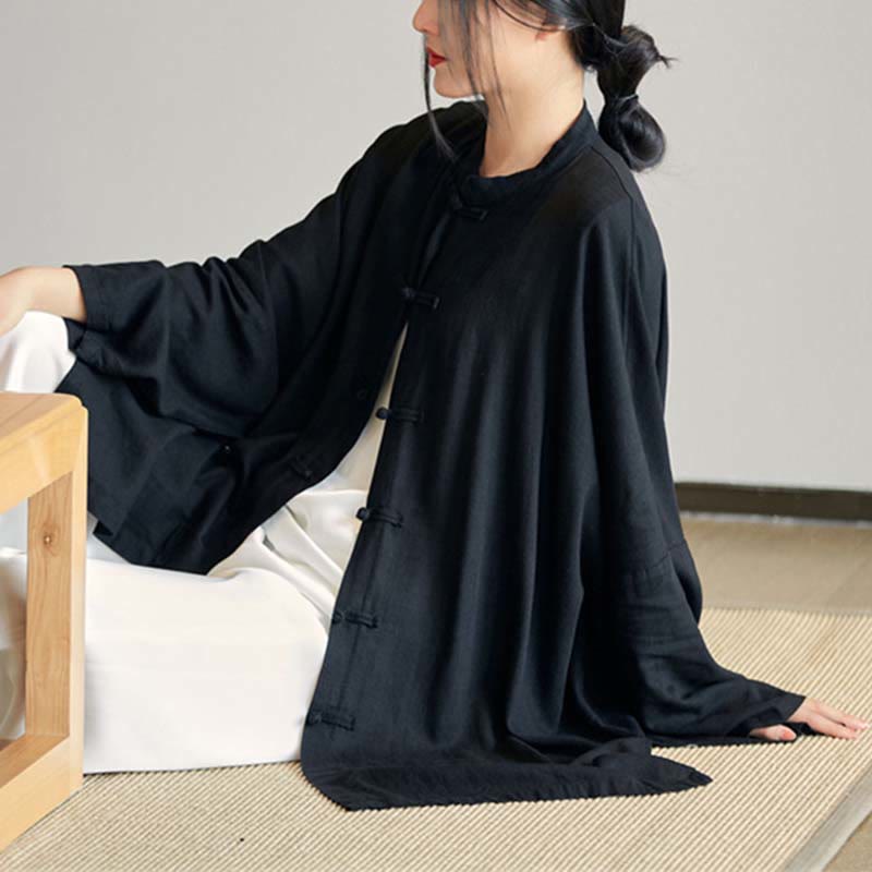 Buddha Stones Plain Frog-Button Design Shirt Zen Tai Chi Meditation Top Clothing Cotton Linen Jacket - Black(Bust 150cm)(Top Only) - image 21