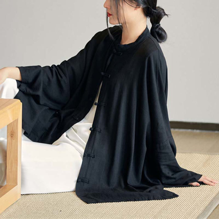 Buddha Stones Plain Frog-Button Design Shirt Zen Tai Chi Meditation Top Clothing Cotton Linen Jacket - Black(Bust 150cm)(Top Only) - image 21