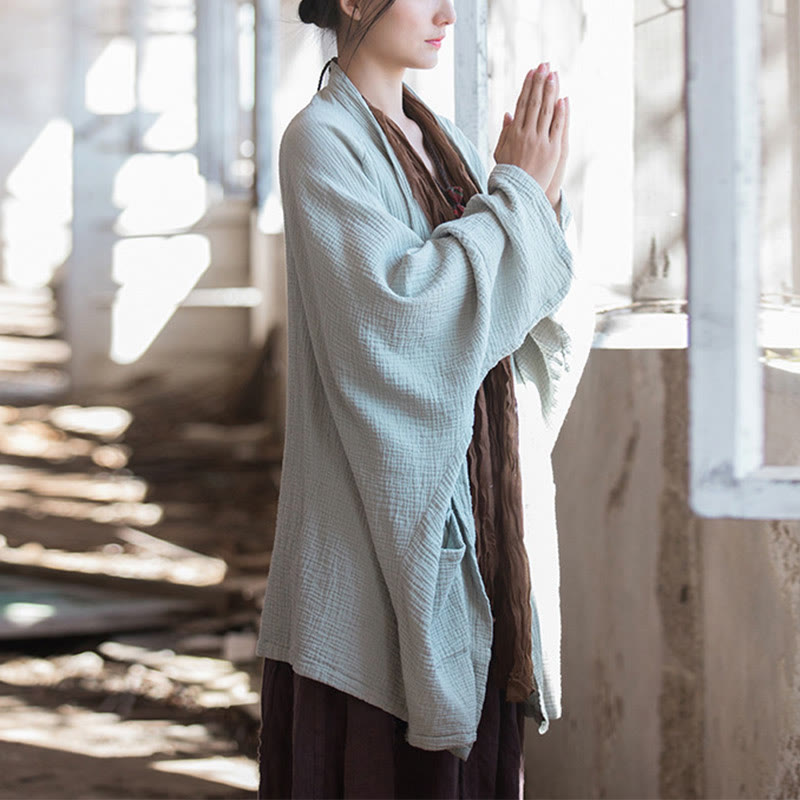 Buddha Stones Plain Design Long Sleeve Coat Zen Meditation Open Front Top Cotton Jacket - Green(Bust 192cm)(Top Only) - image 0