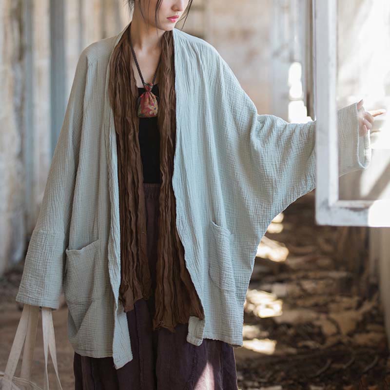 Buddha Stones Plain Design Long Sleeve Coat Zen Meditation Open Front Top Cotton Jacket - image 14