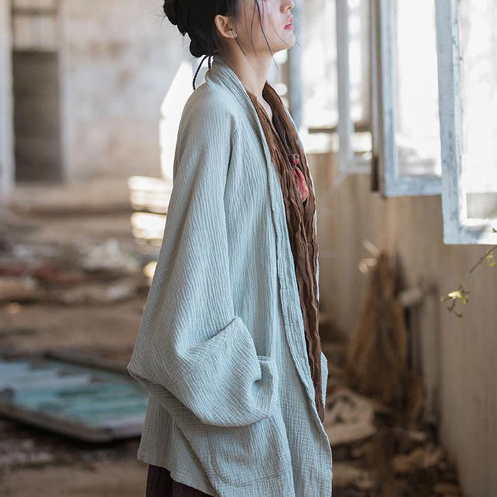 Buddha Stones Plain Design Long Sleeve Coat Zen Meditation Open Front Top Cotton Jacket - image 12