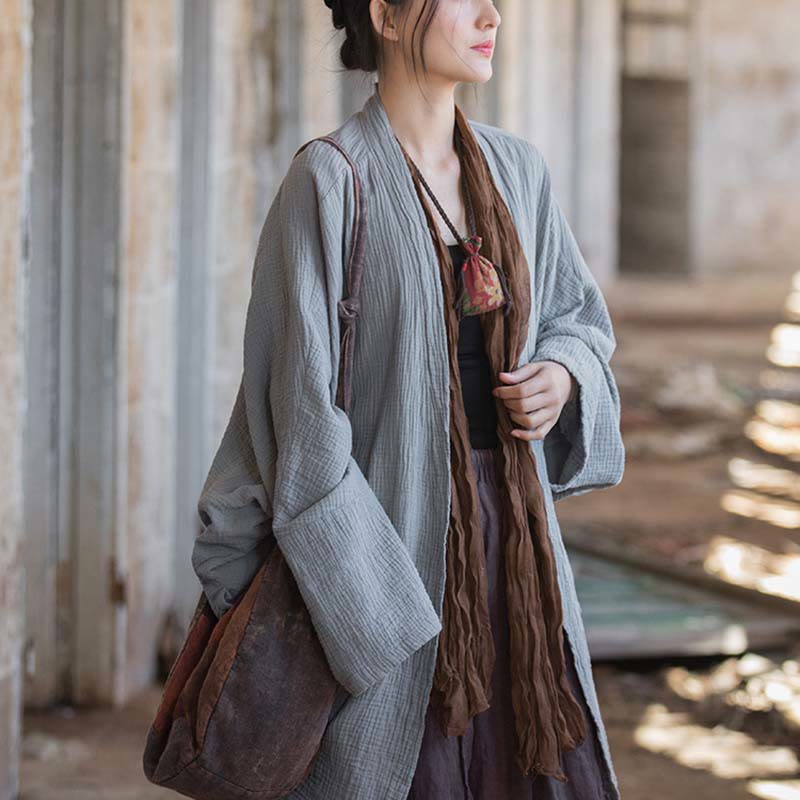 Buddha Stones Plain Design Long Sleeve Coat Zen Meditation Open Front Top Cotton Jacket - image 20