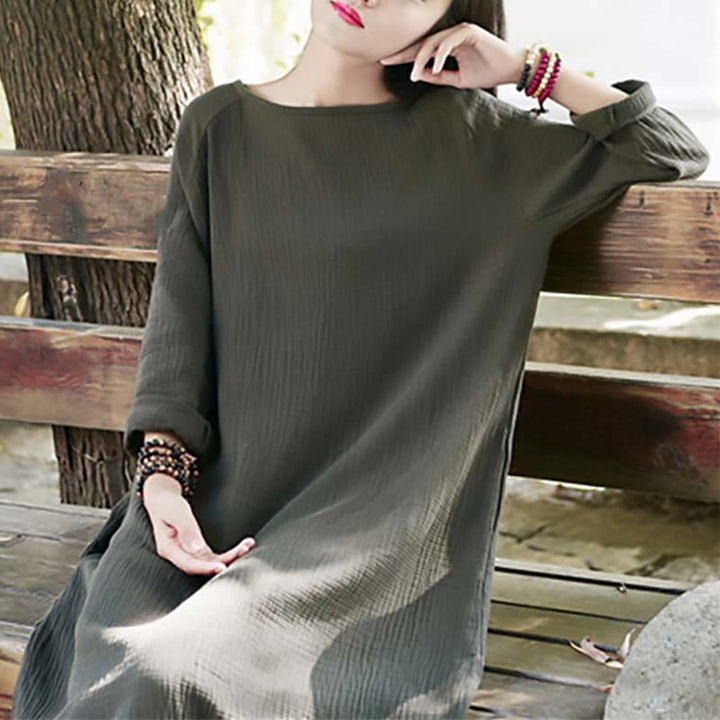 Buddha Stones Simple Midi Dress Cotton Linen Zen Tunic Dress With Pockets - image 7