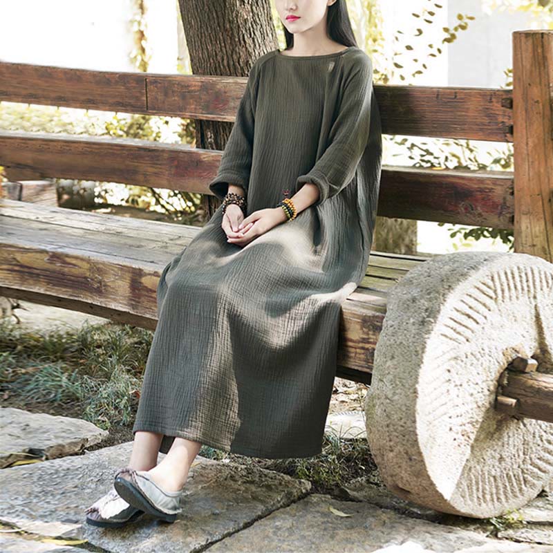 Buddha Stones Simple Midi Dress Cotton Linen Zen Tunic Dress With Pockets - image 1