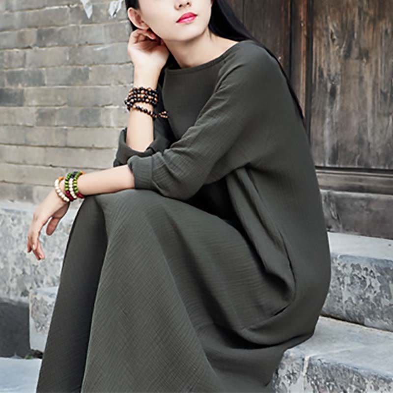 Buddha Stones Simple Midi Dress Cotton Linen Zen Tunic Dress With Pockets - image 6