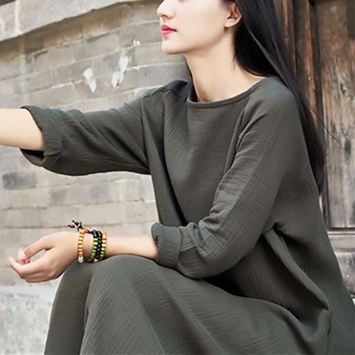 Buddha Stones Simple Midi Dress Cotton Linen Zen Tunic Dress With Pockets - image 4