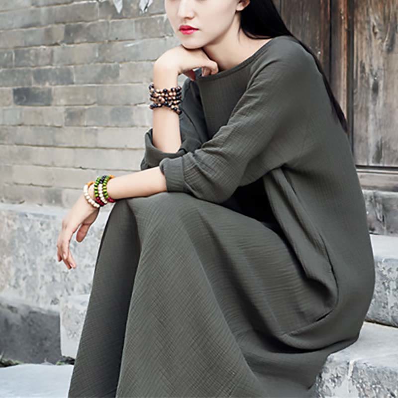 Buddha Stones Simple Midi Dress Cotton Linen Zen Tunic Dress With Pockets - image 5