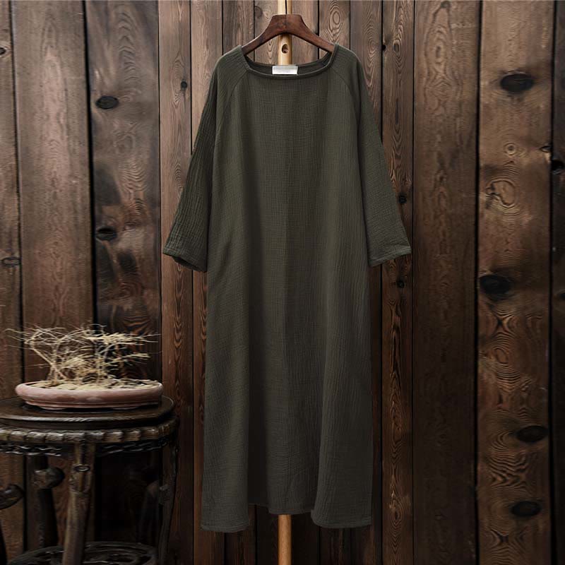 Buddha Stones Simple Midi Dress Cotton Linen Zen Tunic Dress With Pockets - image 8