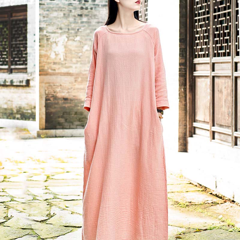 Buddha Stones Simple Midi Dress Cotton Linen Zen Tunic Dress With Pockets - Pink(Bust 114cm/Length 120cm)(Dress Only) - image 9