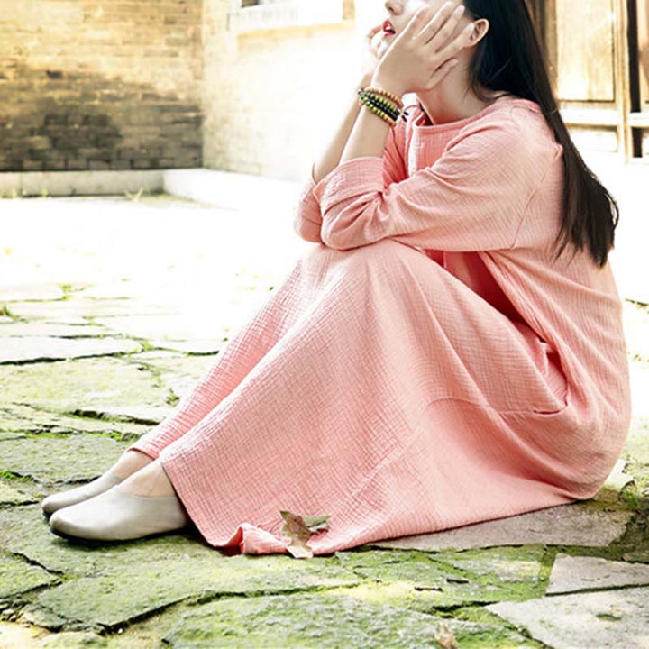 Buddha Stones Simple Midi Dress Cotton Linen Zen Tunic Dress With Pockets - image 14