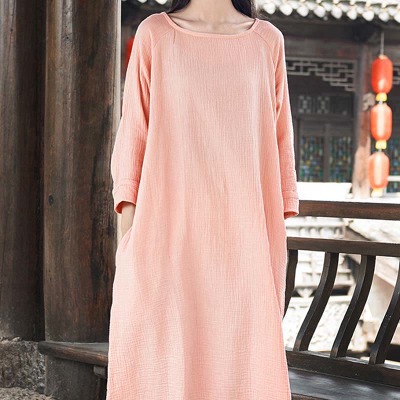 Buddha Stones Simple Midi Dress Cotton Linen Zen Tunic Dress With Pockets - image 10