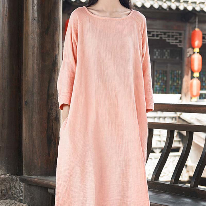 Buddha Stones Simple Midi Dress Cotton Linen Zen Tunic Dress With Pockets - image 10