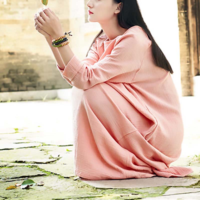Buddha Stones Simple Midi Dress Cotton Linen Zen Tunic Dress With Pockets - image 15