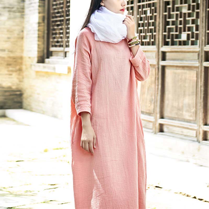 Buddha Stones Simple Midi Dress Cotton Linen Zen Tunic Dress With Pockets - image 11