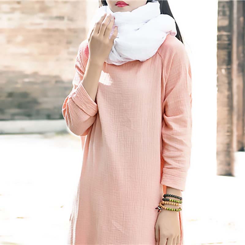 Buddha Stones Simple Midi Dress Cotton Linen Zen Tunic Dress With Pockets - image 13