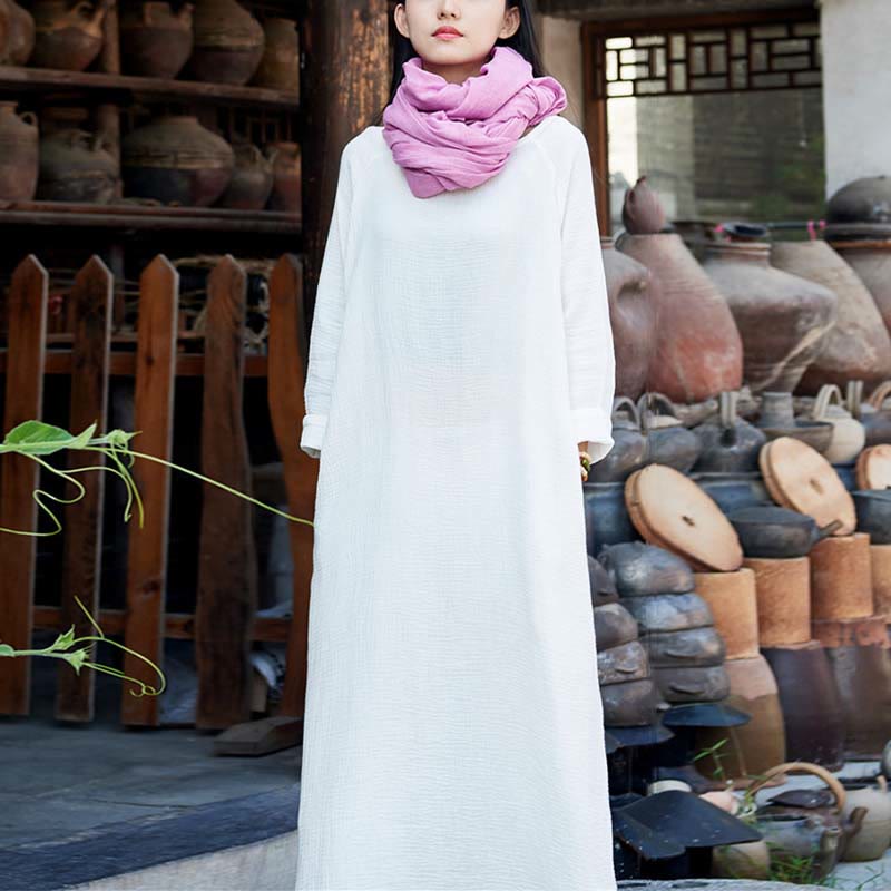 Buddha Stones Simple Midi Dress Cotton Linen Zen Tunic Dress With Pockets - image 26