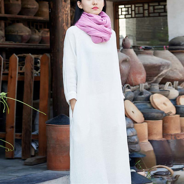 Buddha Stones Simple Midi Dress Cotton Linen Zen Tunic Dress With Pockets - image 23