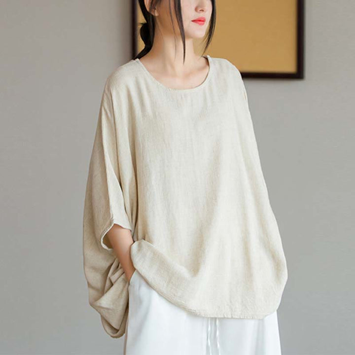Buddha Stones Solid Color Three Quarter Sleeve Top Loose Tee T-Shirt - Beige(Bust 180cm/Length 64cm)(Top Only) - image 0