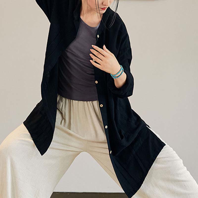 Buddha Stones Plain Long Sleeve Coat Jacket Top Wide Leg Pants Zen Tai Chi Yoga Meditation Clothing - Black - Coat Only - US4-12，UK/AU8-16，EU36-44 (F) - image 9