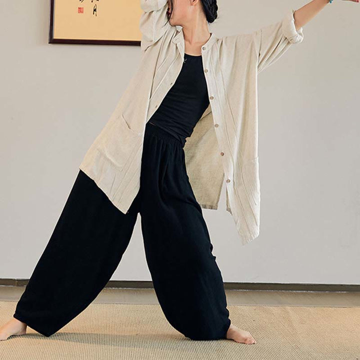 Buddha Stones Plain Long Sleeve Coat Jacket Top Wide Leg Pants Zen Tai Chi Yoga Meditation Clothing