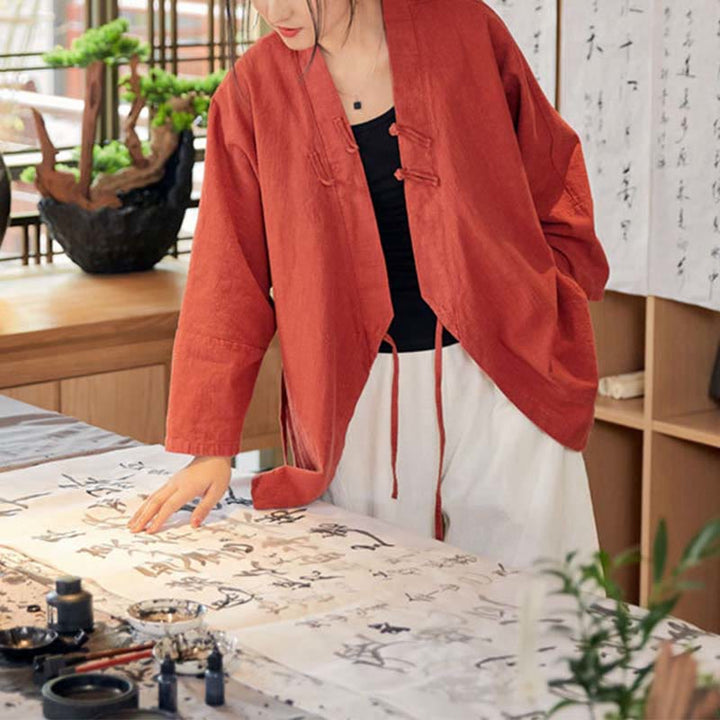 Buddha Stones Frog-Button Hanfu Design Long Sleeve Coat Zen Meditation Open Front Top Jacket