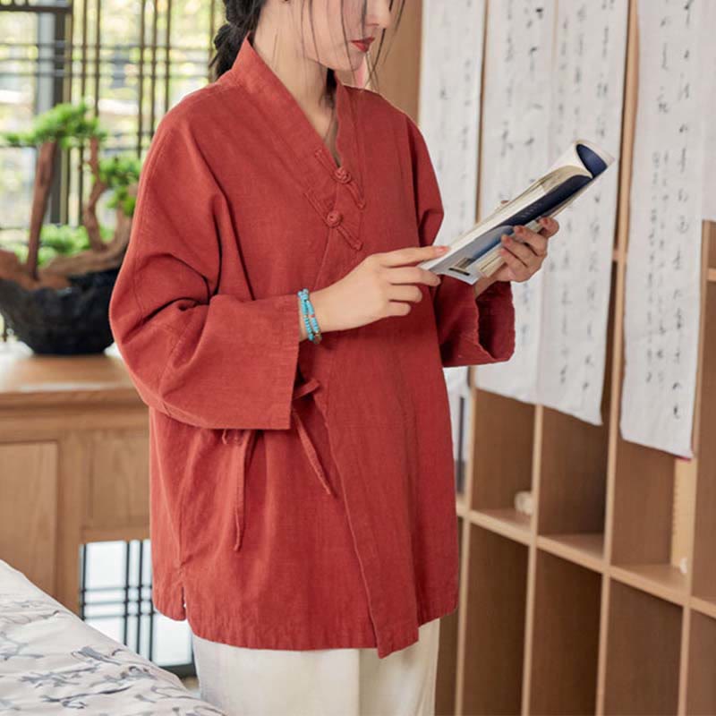 Buddha Stones Frog-Button Hanfu Design Long Sleeve Coat Zen Meditation Open Front Top Jacket