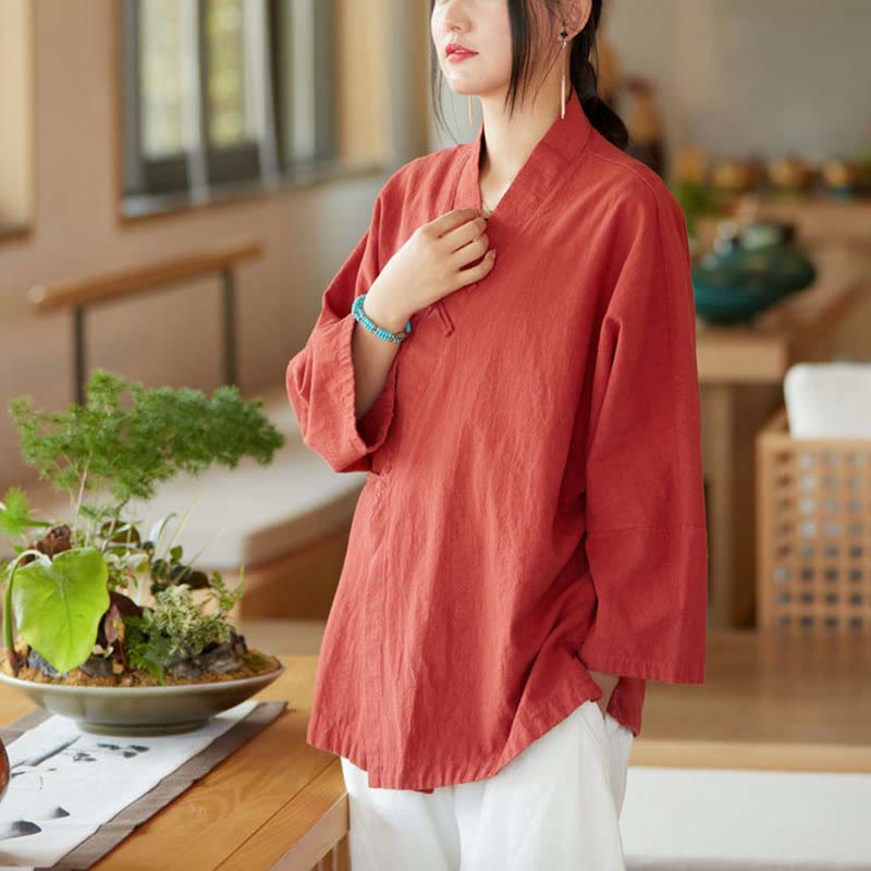 Buddha Stones Frog-Button Hanfu Design Long Sleeve Coat Zen Meditation Open Front Top Jacket