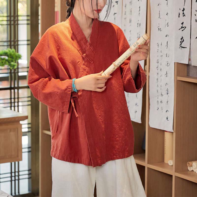 Buddha Stones Frog-Button Hanfu Design Long Sleeve Coat Zen Meditation Open Front Top Jacket - image 7