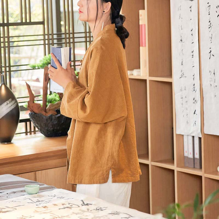 Buddha Stones Frog-Button Hanfu Design Long Sleeve Coat Zen Meditation Open Front Top Jacket - image 15