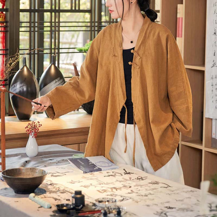 Buddha Stones Frog-Button Hanfu Design Long Sleeve Coat Zen Meditation Open Front Top Jacket - image 9