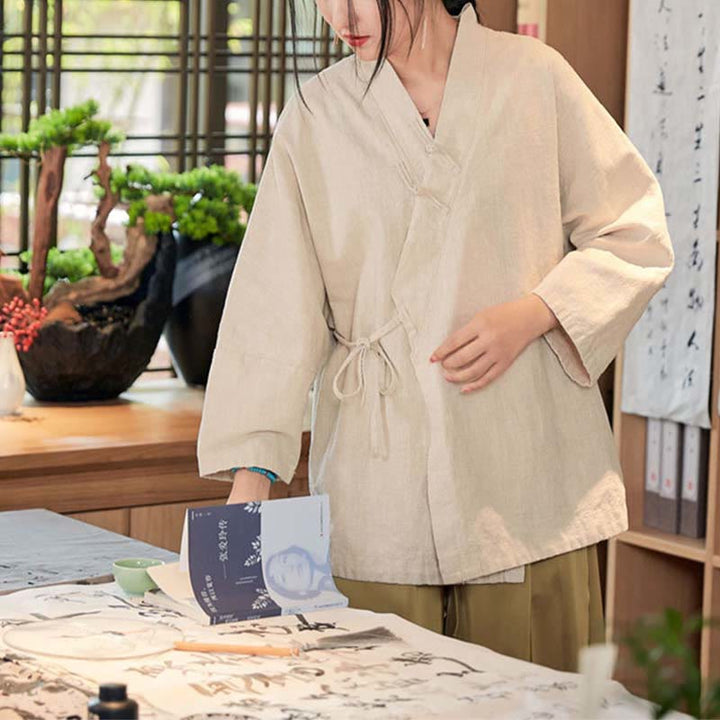 Buddha Stones Frog-Button Hanfu Design Long Sleeve Coat Zen Meditation Open Front Top Jacket