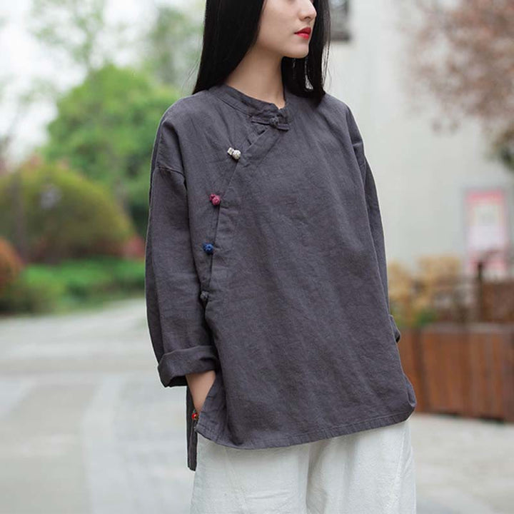 Buddha Stones Ramie Linen Blouse Women Shirt Top Chinese Hanfu Style Clothing - Gray(Bust 120cm)(Top Only) - image 0